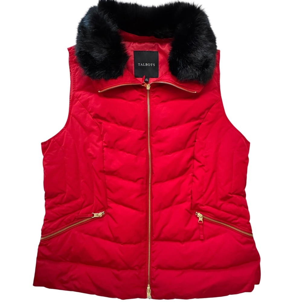 NWT Talbots Red Quilted Down Puffer Vest  Faux Fur Women XL